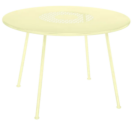 Fermob LORETTE round garden table with 110 cm diameter, metal construction, frosted lemon color, fire-resistant outdoor furniture