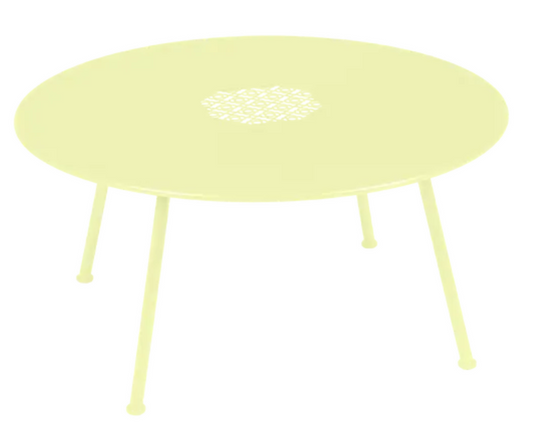 Fermob Lorette low coffee table with a frosted lemon finish, metal construction, 80 cm diameter, suitable for outdoor use.
