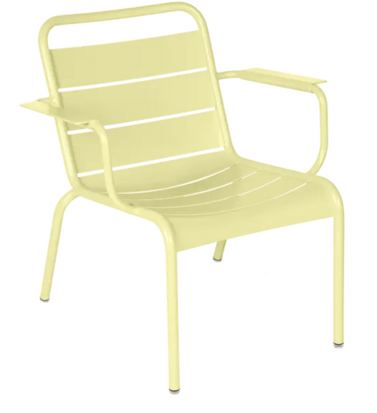 Fermob Luxembourg garden armchair lounge in frosted lemon color, outdoor furniture with a modern, comfortable design.