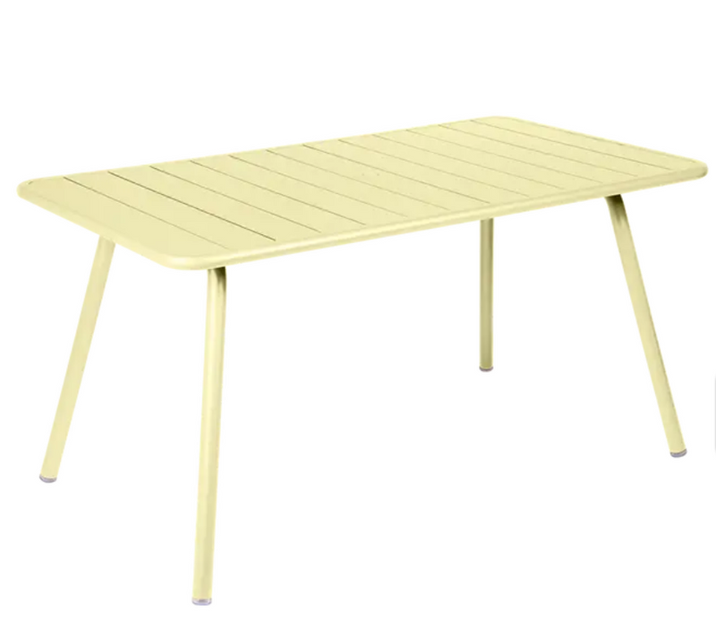 Load image into Gallery viewer, Fermob Luxembourg outdoor bar table, 143x80 cm, with frosted lemon finish, suitable for patio or outdoor dining spaces.
