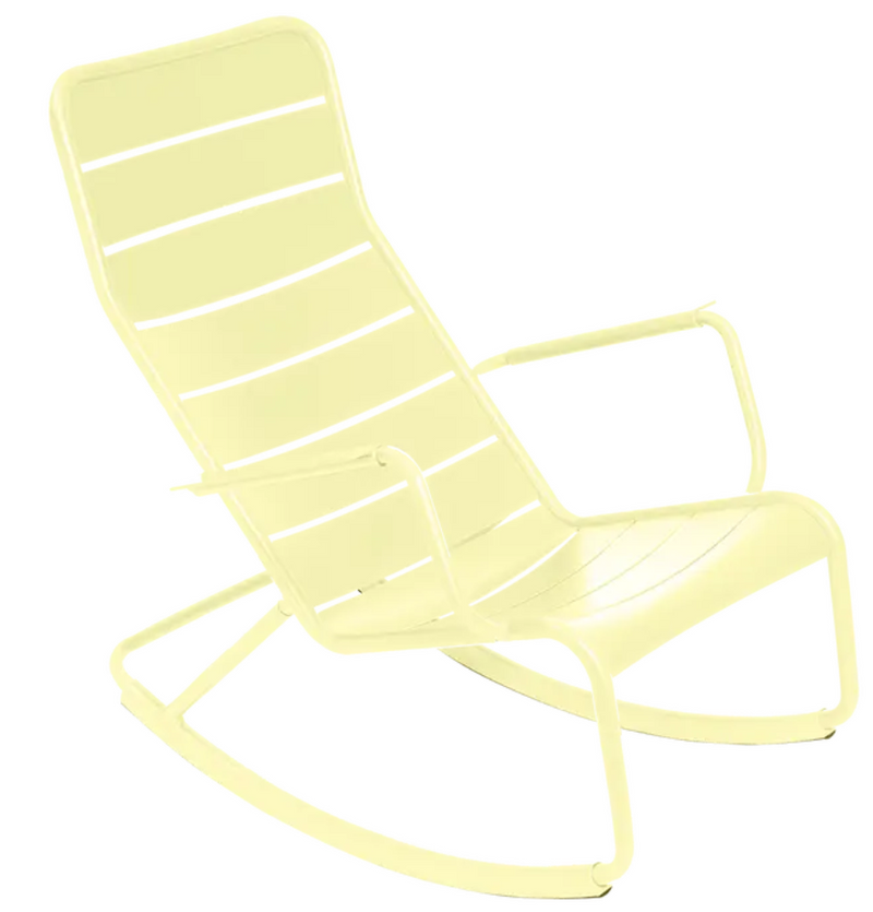 Load image into Gallery viewer, Fermob Luxembourg outdoor rocking chair with frosted lemon aluminum finish, designed for comfortable outdoor relaxation.
