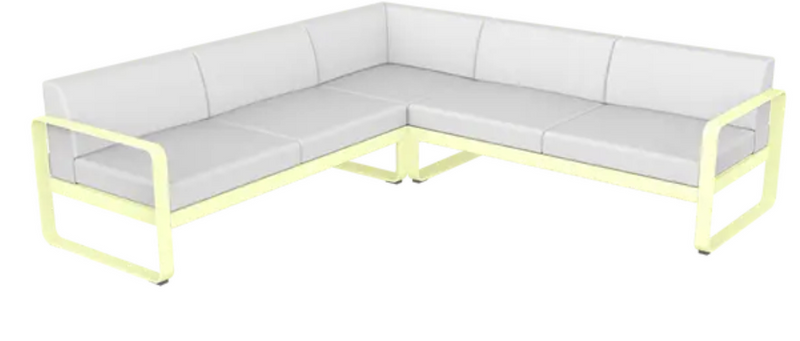 Load image into Gallery viewer, Fermob Bellevie Composition 2 outdoor lounge set with frosted lemon and off-white sofas arranged for outdoor relaxation
