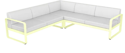 Fermob Bellevie Composition 2 outdoor lounge set with frosted lemon and off-white sofas arranged for outdoor relaxation