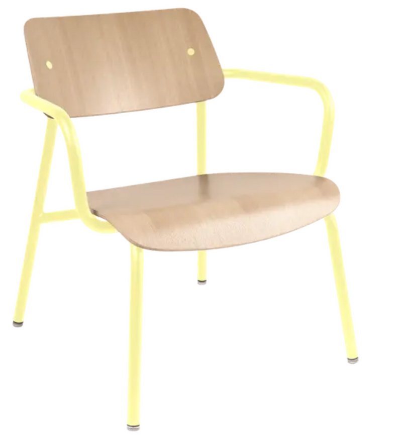 Load image into Gallery viewer, Fermob Studie Oak lounge armchair with metal frame and frosted lemon finish, suitable for office or lounge areas.
