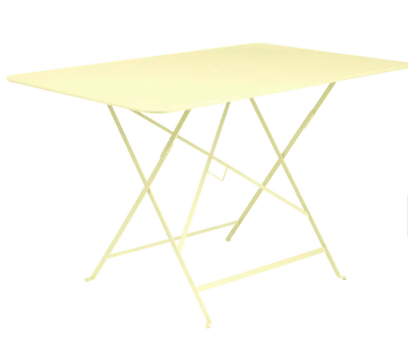 Load image into Gallery viewer, Fermob foldable bistro table 117x77 cm with frosted lemon finish, outdoor metal furniture for patio or garden use.
