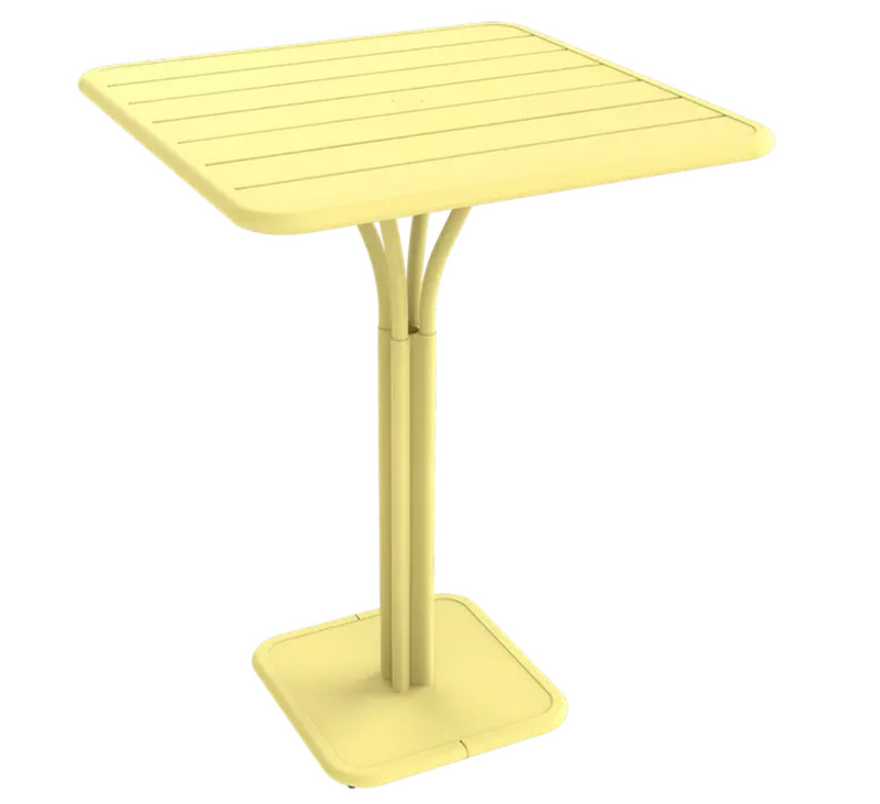 Load image into Gallery viewer, Fermob Luxembourg high pedestal metal outdoor table with frosted lemon finish, 80x80 cm, suitable for patio or garden use.
