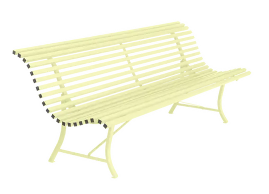 Fermob Louisiane 200cm outdoor folding bench with frosted lemon metal finish, 4-seater garden seating for outdoor furniture.