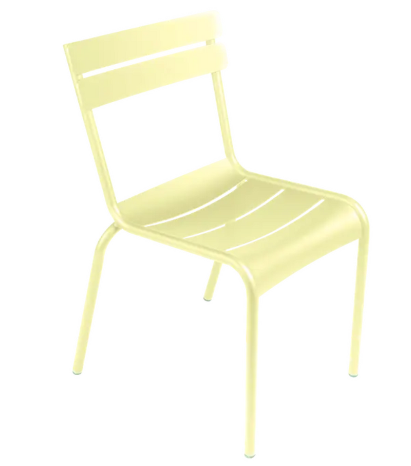 Load image into Gallery viewer, Fermob Luxembourg armchair in frosted lemon color, metal, stackable design, suitable for outdoor or restaurant seating.
