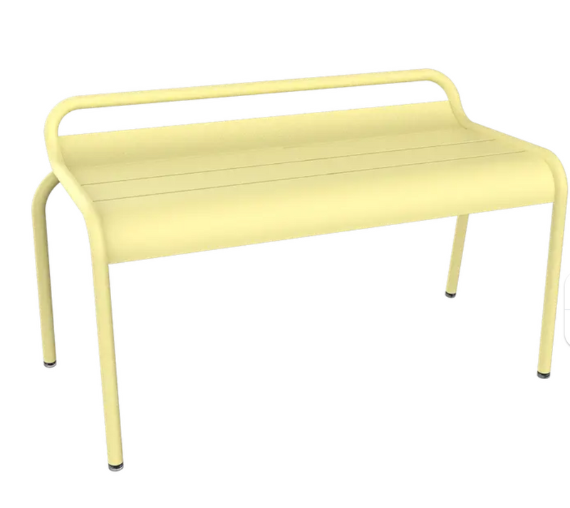 Load image into Gallery viewer, Fermob Luxembourg Stackable Outdoor Bench in frosted lemon finish, 90 cm metal hall-side bench for outdoor seating.
