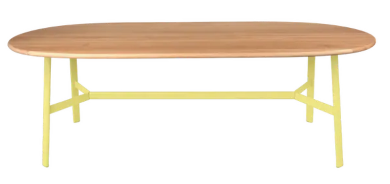 Load image into Gallery viewer, Fermob SO'O Oval Oak Table 220x95cm with 8 seats, showcasing a solid wood dining table with a frosted lemon finish.

