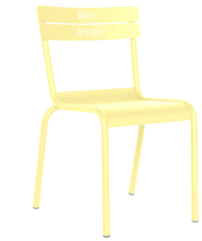 Load image into Gallery viewer, Frosted lemon-colored Fermob Luxembourg Kid Chair "Mini Artiste" by Custom Wood Designs, suitable for children's corner furniture.
