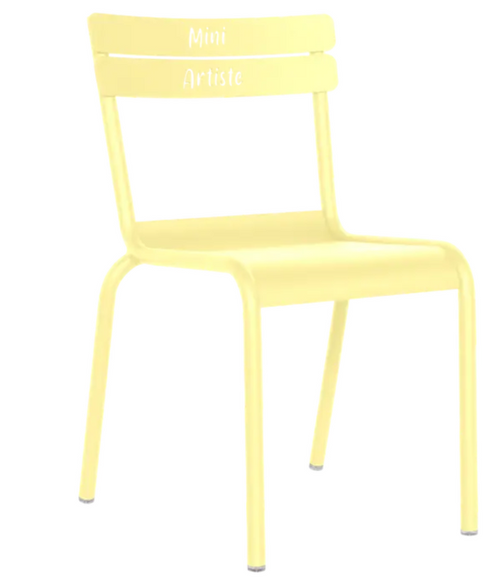 Frosted lemon-colored Fermob Luxembourg Kid Chair "Mini Artiste" by Custom Wood Designs, suitable for children's corner furniture.
