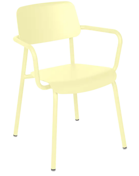 Fermob Studie armchair, stackable contract dining chair with a frosted lemon color, suitable for indoor office or home use.