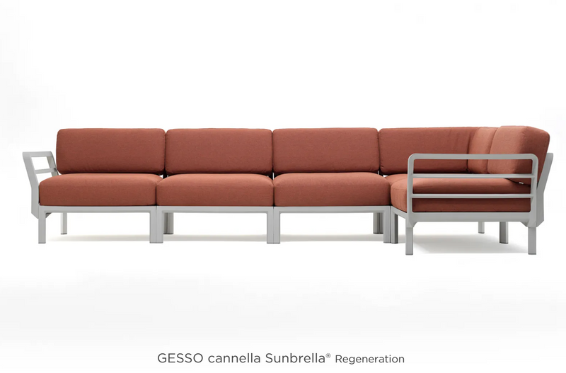 Load image into Gallery viewer, Maximo 5 modular outdoor sofa by Custom Wood Designs, showing Gesso Cannella color, ideal for hotel terrace seating.
