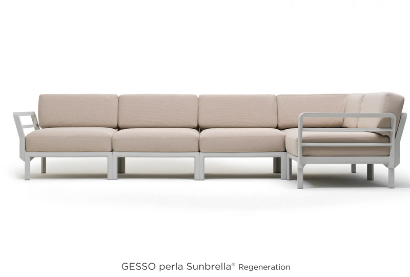 Load image into Gallery viewer, Maximo 5 modular outdoor sofa seating system by Custom Wood Designs, showing a stylish outdoor lounge with beige cushions on a hotel terrace.
