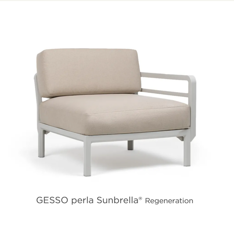 Load image into Gallery viewer, Nardi Maximo modular end sofa in Gesso and Perla fabric, corner seating element on hotel terrace with sun umbrella.

