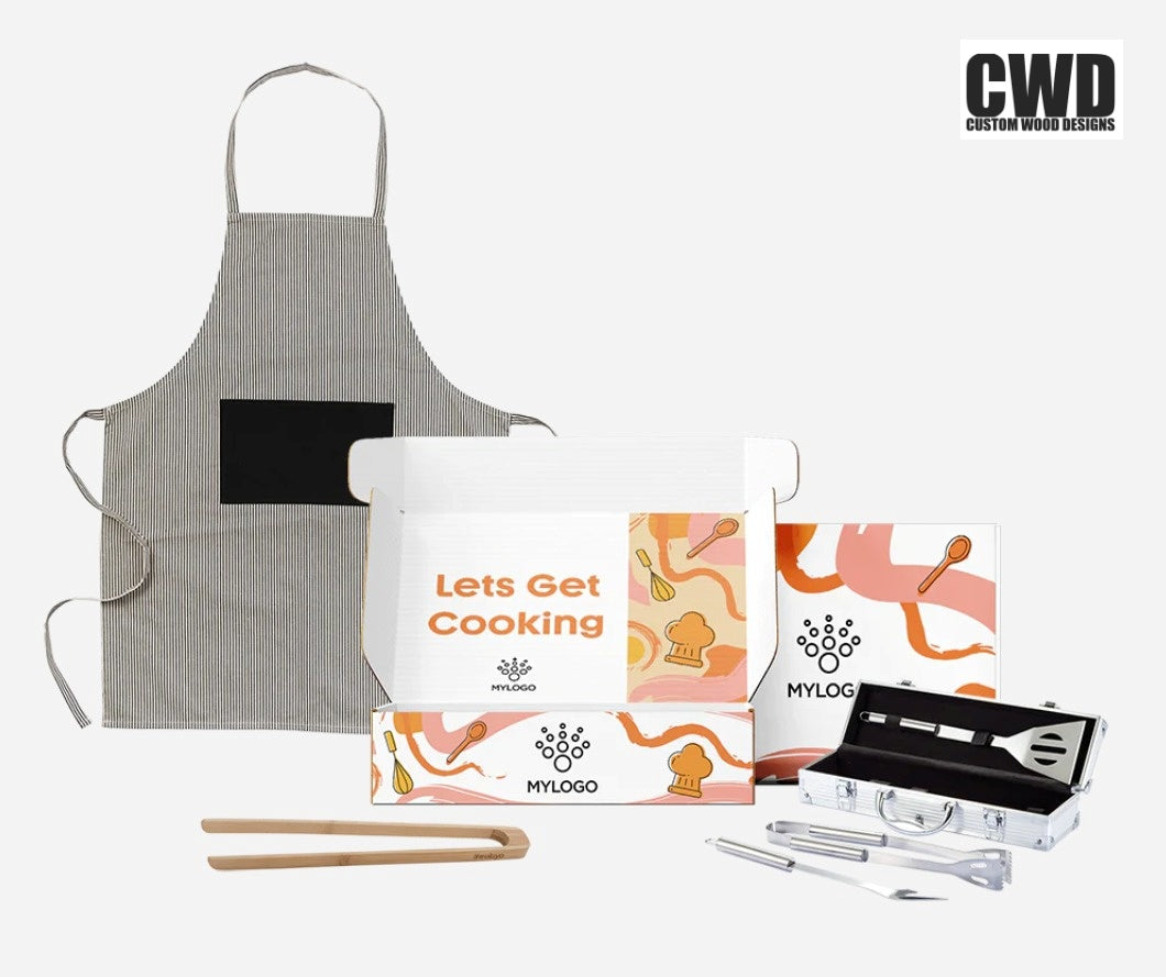 Custom Wood Designs barbeque gift set box with utensils and accessories in a stylish wooden gift box.
