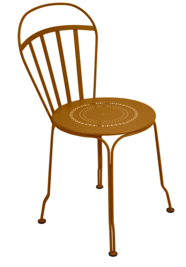 Load image into Gallery viewer, Fermob Louvre outdoor chair in gingerbread color with a curved metal design, ideal for garden or patio seating.
