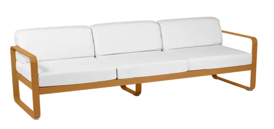 Fermob Bellevie 3-seater outdoor sofa with off-white fabric and metal frame, ideal for garden or patio relaxation.