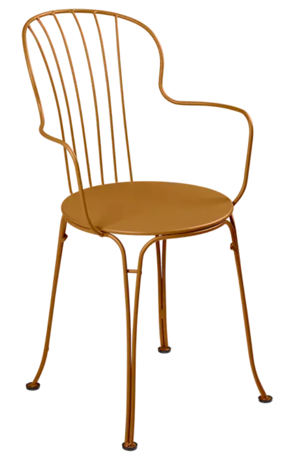 Load image into Gallery viewer, Fermob OPÉRA+ outdoor metal armchair in gingerbread color with a curved backrest and armrests, suitable for patio or garden use.
