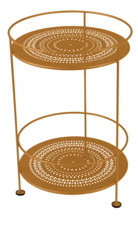 Load image into Gallery viewer, Fermob Guinguette side table with perforated double top in gingerbread color, featuring a metal frame and decorative design.
