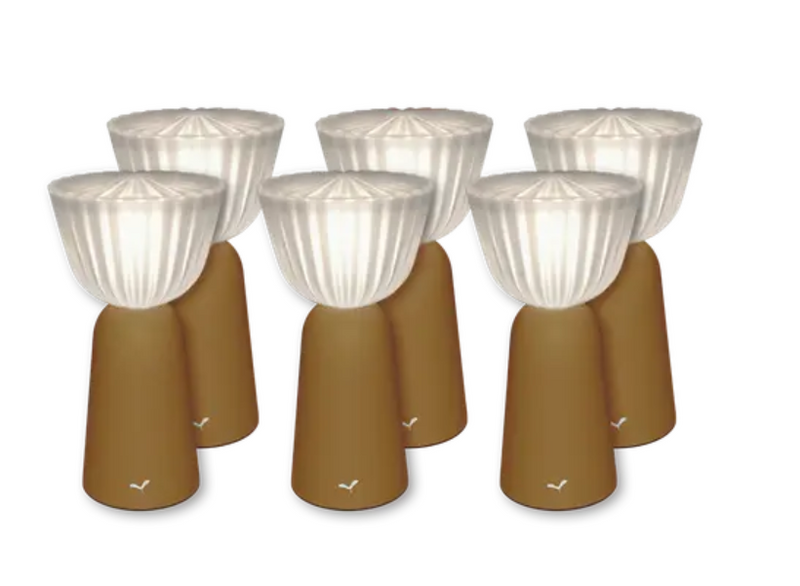 Load image into Gallery viewer, Set of 6 Fermob outdoor Swing lamps, 20 cm tall, rechargeable gingerbread-colored hanging lights for outdoor decor.
