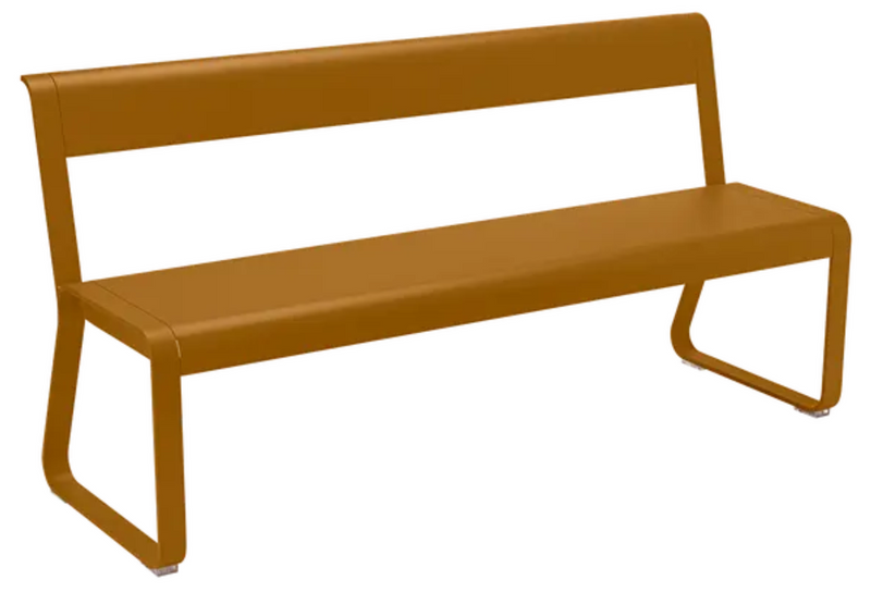 Load image into Gallery viewer, Fermob Bellevie outdoor bench with backrest, gingerbread-colored powder-coated metal furniture for garden seating
