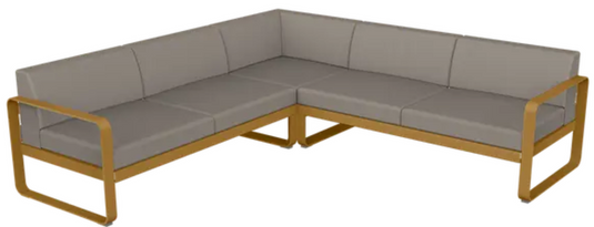 Fermob Bellevie outdoor lounge set with modular sofa in gingerbread grey and taupe, designed for stylish outdoor seating.
