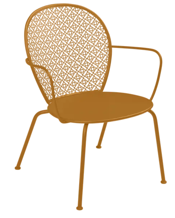 Load image into Gallery viewer, Fermob Lorette low armchair in gingerbread metal with curved armrests and slatted seat, ideal for outdoor furniture.

