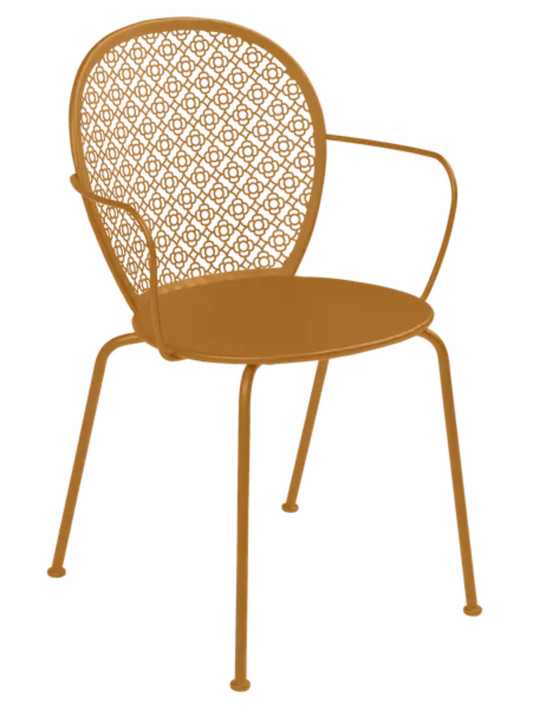 Fermob Lorette outdoor metal armchair in gingerbread color with curved armrests and slatted seat, suitable for garden or patio.