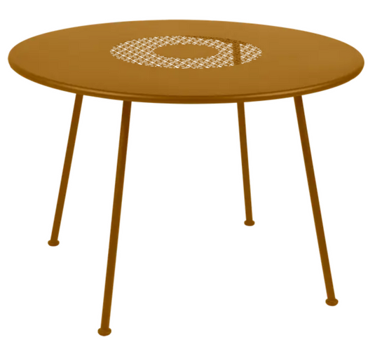 Fermob Lorette round garden table with a 110 cm diameter, made of fire-resistant metal, featuring a stylish and durable design.