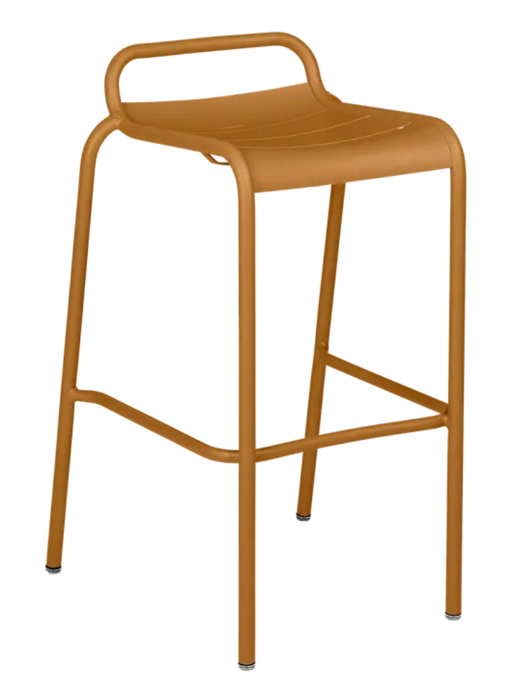 Load image into Gallery viewer, Fermob Luxembourg bar stool in gingerbread color, outdoor dining furniture for restaurant or home use, featuring a modern design.
