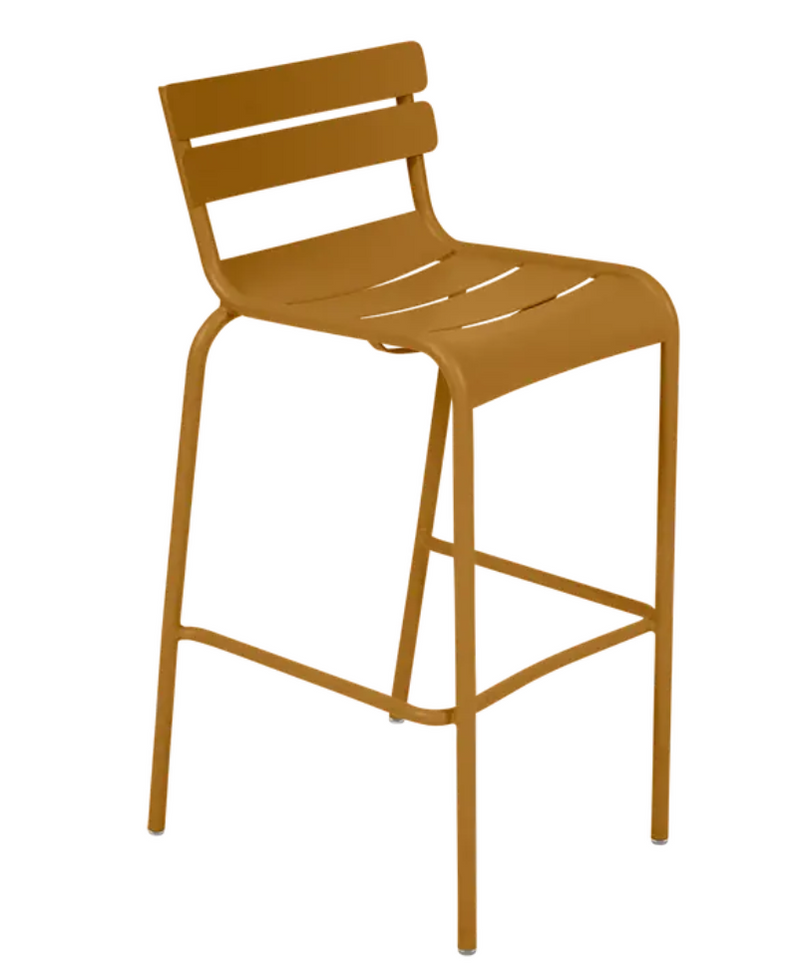 Load image into Gallery viewer, Red Fermob Luxembourg Bar Armchair with metal frame, featuring a stylish design suitable for pub or bar seating.
