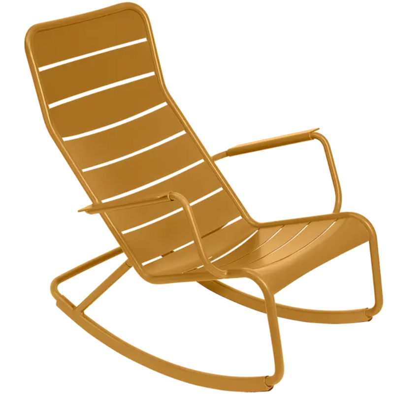 Load image into Gallery viewer, Fermob Luxembourg outdoor rocking chair in gingerbread aluminum with curved armrests and slatted seat, suitable for patio or garden.
