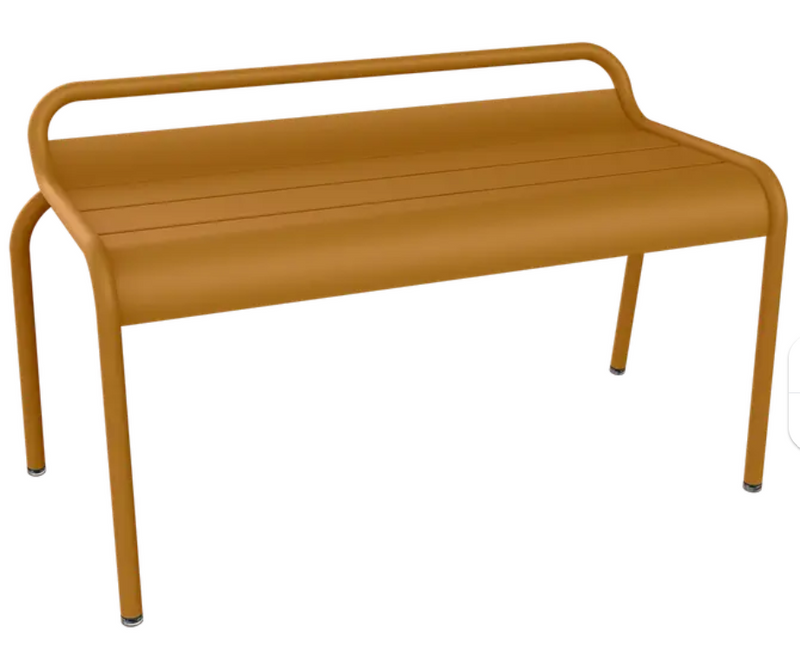 Load image into Gallery viewer, Fermob Luxembourg stackable outdoor bench in gingerbread color with metal frame, 90 cm long, suitable for garden or patio seating.
