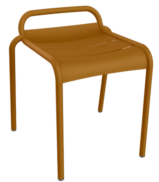 Fermob Luxembourg outdoor dining stool in gingerbread color, featuring a sleek, modern design for outdoor patio seating.
