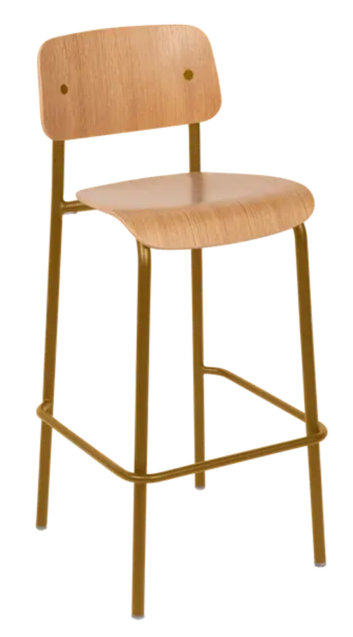 Oak study bar chair by Custom Wood Designs featuring a high wooden oak frame and modern design, shown in a natural setting.