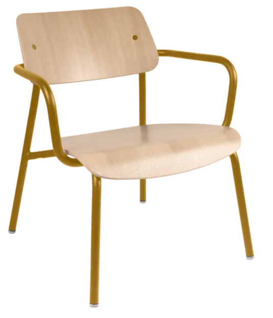 Fermob Studie Oak Lounge Armchair with metal frame and wooden armrests, suited for modern office or lounge spaces.