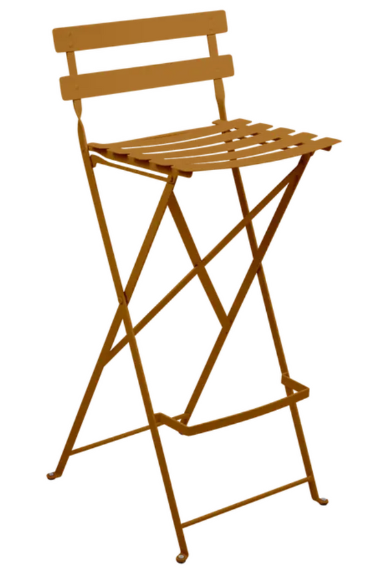 Gingerbread brown Fermob Bistro high bar stool, foldable outdoor furniture with a sleek, modern design.