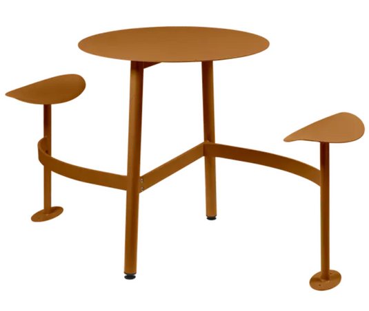 Fermob BOLDER 2-seater modular round outdoor table with integrated seating and gingervread Maya garden bench in foxed metal.