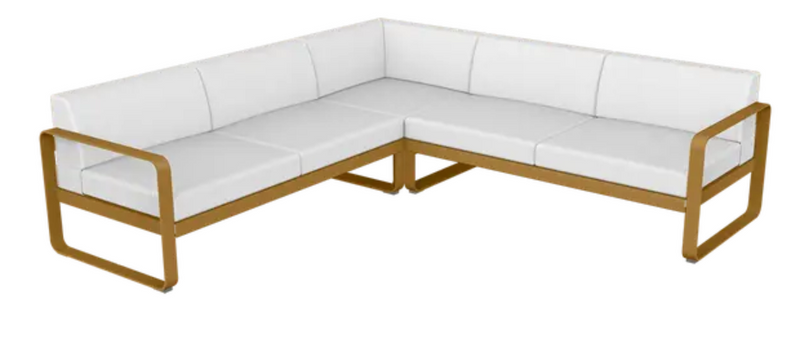 Load image into Gallery viewer, Fermob Bellevie Composition 2 outdoor sofa set with off-white cushions and gingervread-colored modular lounge pieces.
