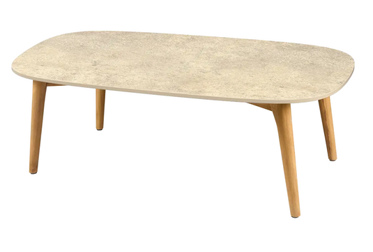 Fermob GORDES low outdoor teak coffee table, 110x65 cm, with a sleek teak wood base and modern design for patio or garden.