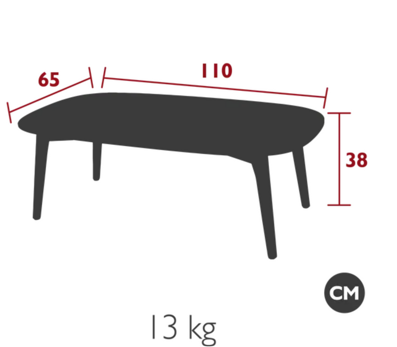 Load image into Gallery viewer, Fermob GORDES low outdoor teak coffee table measuring 110×65 cm with a sleek design and natural teak finish.
