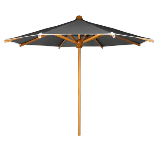 Granite teak parasol by Fermob with a 250cm diameter, providing shade on a terrace or garden.