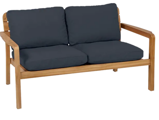 Granite grey Lodge solid teak 2-seater outdoor sofa by Vlaemynck, showcasing durable teak frame and comfortable cushions.