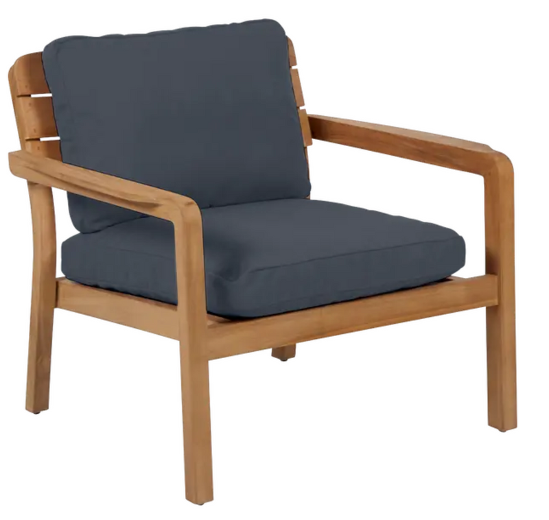 Load image into Gallery viewer, Lodge Fermob outdoor teak armchair with low armrests, granite finish, suitable for hotel terrace seating.
