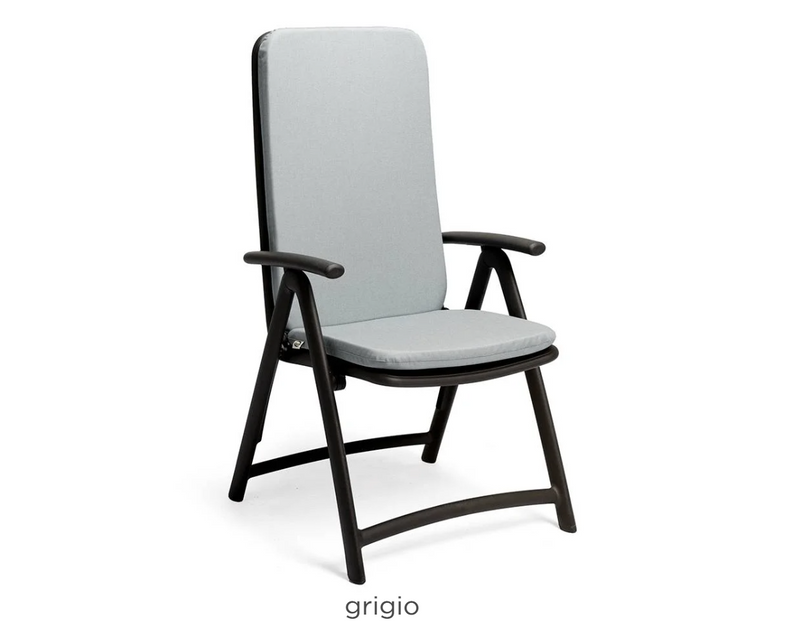 Load image into Gallery viewer, Gray Nardi Darsena armchair cushion with plush fabric and decorative stitching, designed for outdoor garden furniture.
