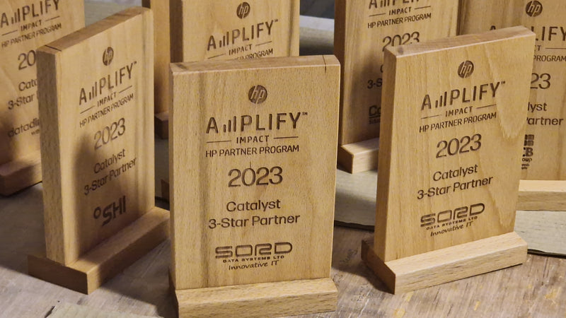 Load image into Gallery viewer, Custom Wood Designs custom-made awards with engraved plaques, displayed on a wooden shelf, highlighting craftsmanship and quality.
