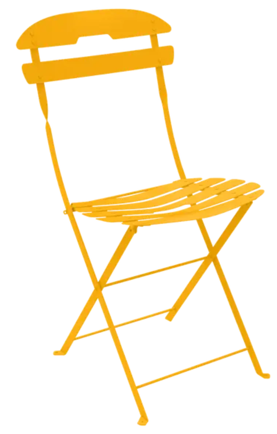 Load image into Gallery viewer, Fermob La Môme Chai honey-colored folding chair with curved backrest and metal frame, ideal for patio or outdoor seating.
