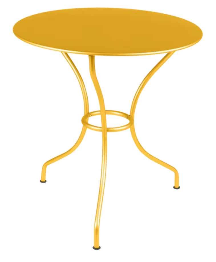 Load image into Gallery viewer, Fermob OPÉRA+ outdoor metal table with a 67 cm diameter honey-colored tabletop, suitable for patio or restaurant outdoor spaces.
